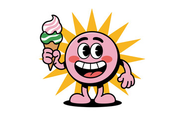 A cheerful cartoon sun character holding a colorful ice cream cone on a white background