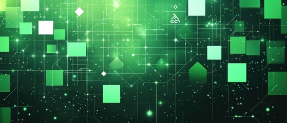 Obraz premium Futuristic glowing green squares and floating geometric blocks over a luminous circuit grid with sparkling data nodes and connected lines, conveying dynamic digital network energy