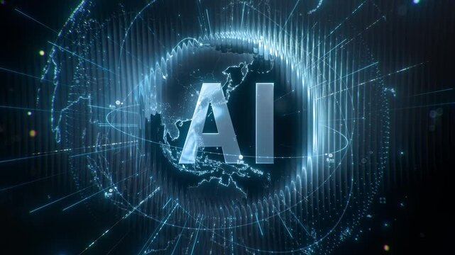 Futuristic 3D AI text animation with rotating digital Earth globe, glowing data network connections and HUD interface for global technology and artificial intelligence concept. 4K Seamless Loop
