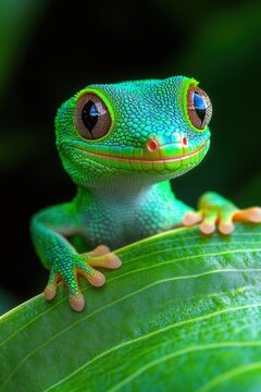 vibrant green gecko with large expressive eyes perched on a glossy leaf, appearing curious and cheerful