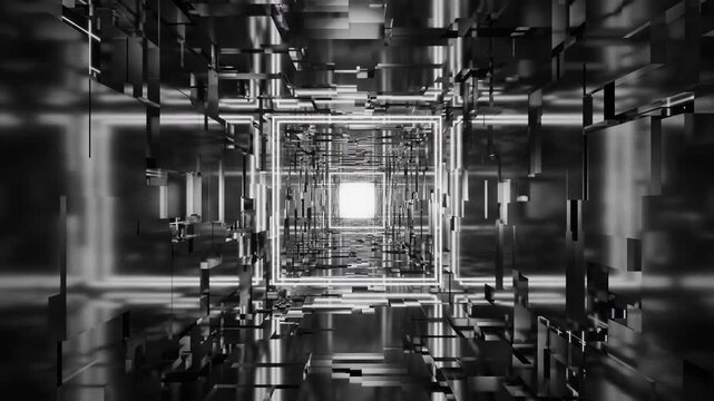 Hightech Tunnel Illuminated By Neon Lights And Reflective Metallic Surfaces Creating Immersive Data Pathways
