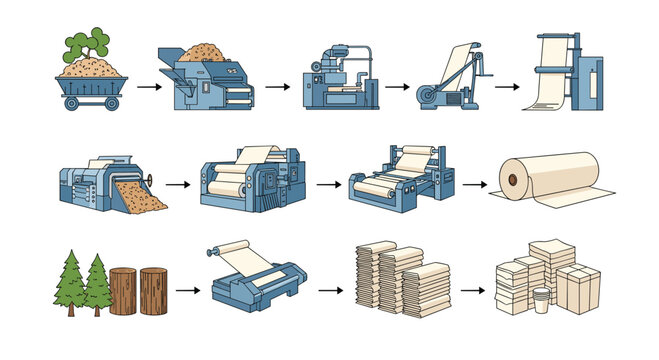 Infographic showing the industrial process of making paper from wood logs and trees to the final packaging and delivery stage.