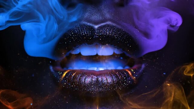 Abstract artwork of lips with colorful smoke and sparks on black backdrop
