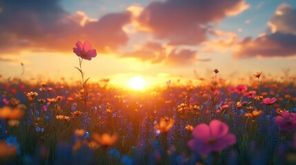 wildflower meadow at golden sunset with glowing sun on the horizon, pink and purple blossoms under soft clouds, tranquil and hopeful atmosphere