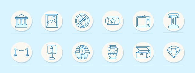 Museum gallery exhibit set icon. Blue outline badges, courthouse facade, framed picture, no photo sign, ticket, television, column pillar, rope barrier, information stand, pharaoh mask © Кирилл Макаров