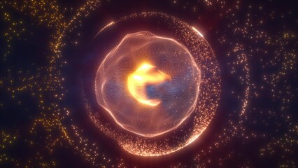Abstract orange looped energy sphere from particles and waves of magical glowing on a dark background © Bolbik