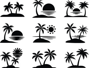 Obraz premium Illustration of collection of black silhouette palm tree icons on with tropical island and sunset scenes