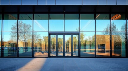Fototapeta premium modern glass building facade with central glass entrance doors reflecting trees and blue sky, warm sunlight and long shadows, symmetrical minimalist exterior conveying calm serenity