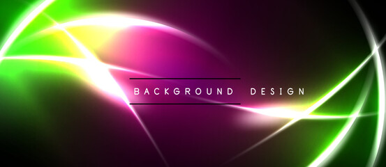 Obraz premium Abstract vibrant background. Green, purple, yellow light streaks create dynamic visual effect. Text reads background design.
