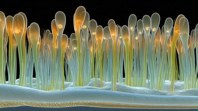 Intricate microscopic network of glowing cellular structures in a vibrant, organic formation.