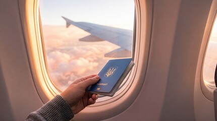 Fototapeta premium Male hand holding ukrainian passport inside airplane with window view of sunset sky and wing on international flight
