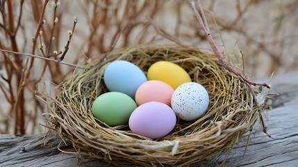 Obraz premium Colorful Easter eggs in a straw nest on a rustic wooden surface with spring branches in the background. Perfect for Easter, spring or holiday themed designs. 
