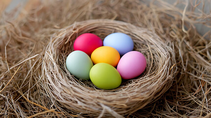 Colorful Easter eggs in a straw nest on rustic background. Perfect for spring, Easter, and festive design concepts.
