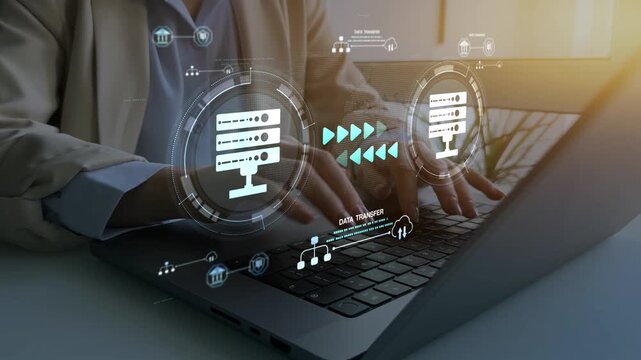 Transfer data to a server or hosting service.Data transfer concept.Server data transfer secure cloud connection, digital network system and fast file exchange technology.