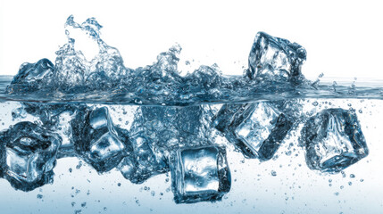Ice cubes fall into water, creating splashes and bubbles in a clear liquid background during a bright and warm day