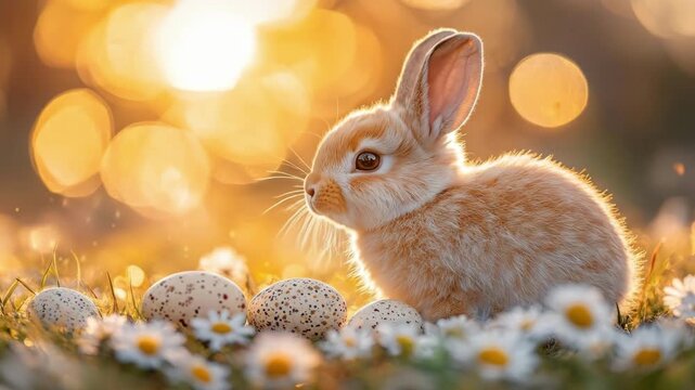 Adorable rabbit with speckled eggs in sunlit meadow. Easter, Pascha, Paskha, Ostern, Pascua, Paques - Orthodox and Catholic Holiday celebration