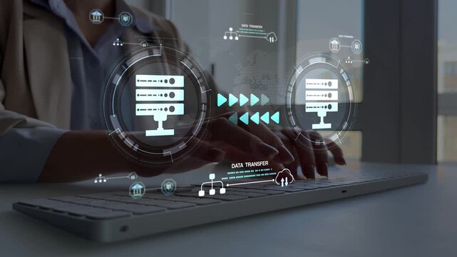 Server data transfer to hosting platform with secure cloud infrastructure, encrypted network connection and high speed digital file exchange for safe storage, backup and communication.