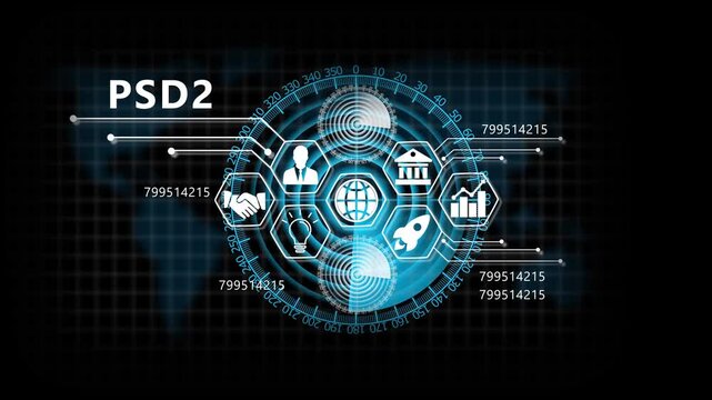 "PSD2" Lifecycle on Futuristic Radar Technology Background. Business, Technology, Internet and network concept. 4k animation video