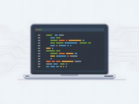 A programmer writing code on a laptop screen with a green and black terminal interface