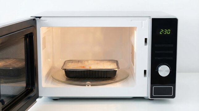 Open microwave oven with food tray inside and timer displaying 2:30 on clean kitchen counter