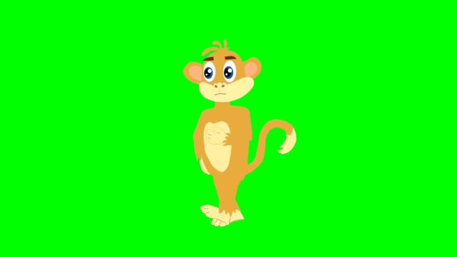 Illustration of monkey. Monkey walking character. Walking animal cartoon character with green screen video animation with chroma key.
