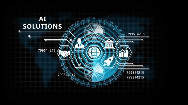 "AI SOLUTIONS" Lifecycle on Futuristic Radar Technology Background. Business, Technology, Internet and network concept. 4k animation video