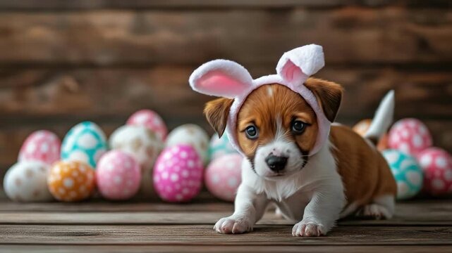 Cute puppy wearing bunny ears surrounded by colorful easter eggs. Easter, Pascha, Paskha, Ostern, Pascua, Paques - Orthodox and Catholic Holiday celebration