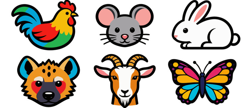 Colorful Animal Vector Icon Set, rat, chicken, hyena, rabbit, butterflies 