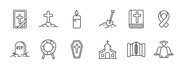 Funeral religion memorial set icon. Bible cross candle shovel book ribbon tomb wreath coffin church gates angel depict ceremony burial mourning faith.