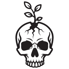 Obraz premium Minimalist black and white line art illustration of a human skull with a small plant sprout growing from a crack in the cranium, symbolizing life after death, rebirth, and nature's resilience.