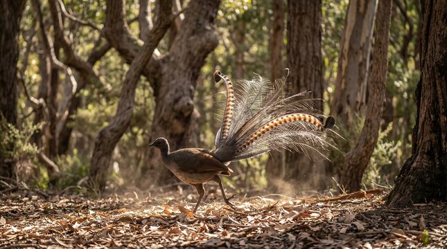 Superb Lyrebird Tail Fan Display on Leafy Forest Stage