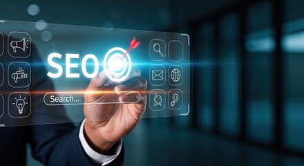 Fototapeta premium Businessman touching virtual screen with SEO search bar and icons.