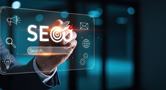 Businessman using a digital screen for SEO optimization and online marketing.