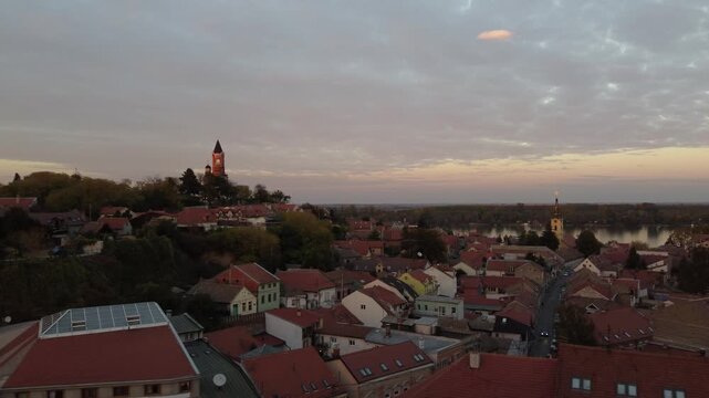 Drone flight at sunset above Zemum district, Belgrade, Serbia, Europe. 4K.