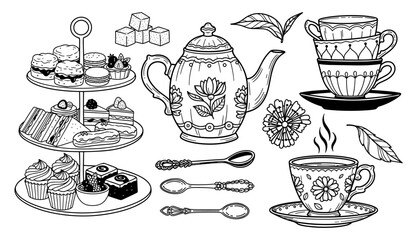 Fototapeta na wymiar Traditional english afternoon tea set illustration, hand-drawn elements for tea party, bakery, and cafe menu