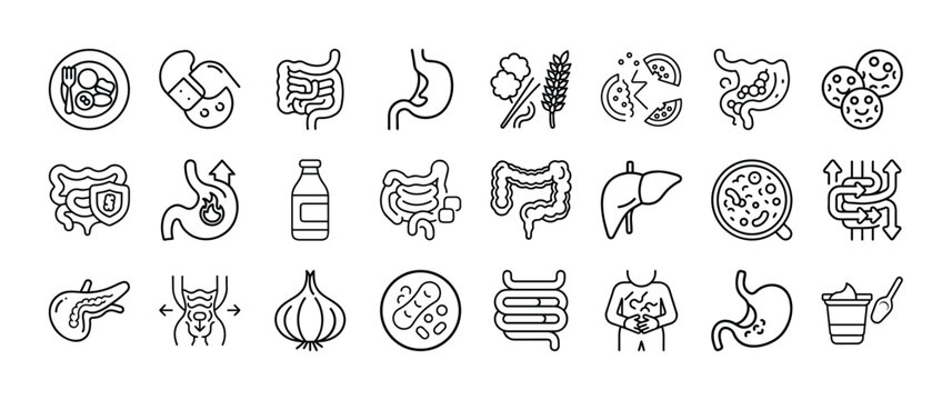 Simple line icons representing various digestive system elements and related concepts
