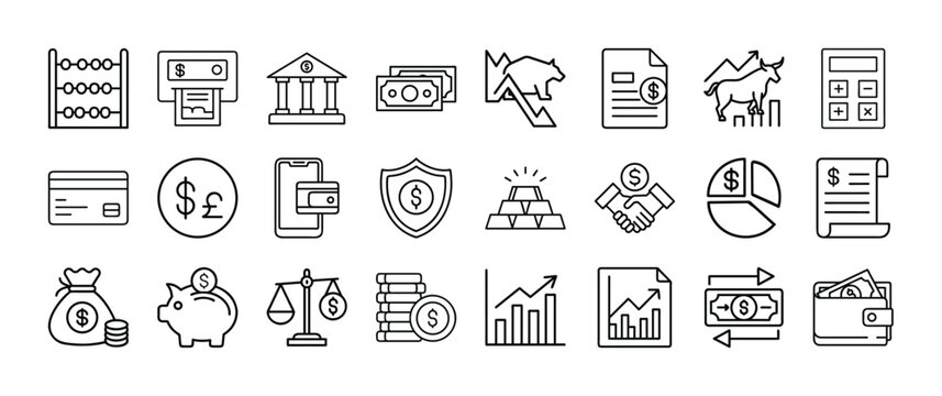 Financial icons collection representing banking and monetary transactions