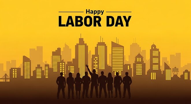 Happy labor day celebration background with city skyline and workers