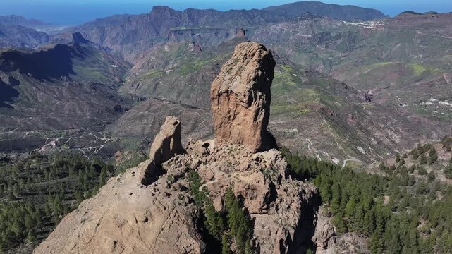 Aerial view of Caldera de Tejeda and Roque Nublo, Tejeda, Gran Canaria, Canary Islands, Spain