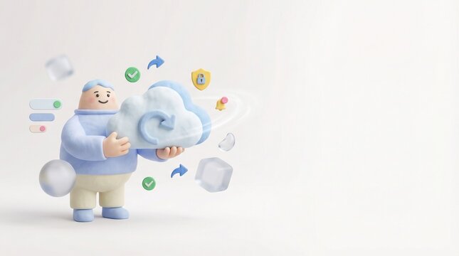 Playful 3D character holding secure cloud with data icons and syncing symbols