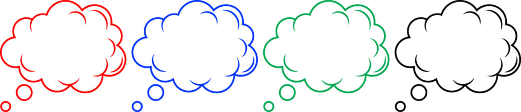 Four colorful thought bubble icons on transparent background for speech and ideas