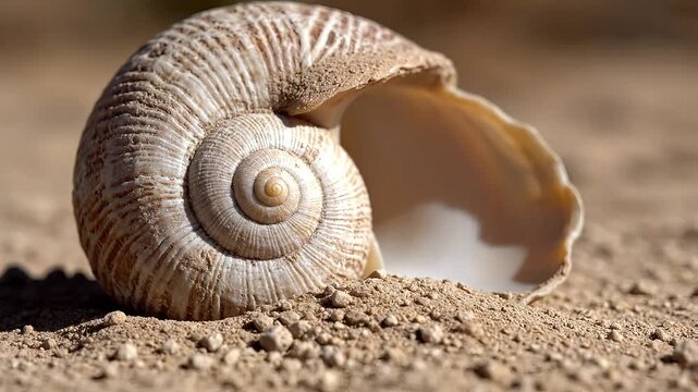 Fossilized ammonite shell on sandy terrain with dynamic texture