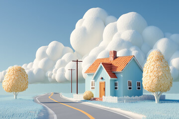 Small House with Cloud on Blue Sky