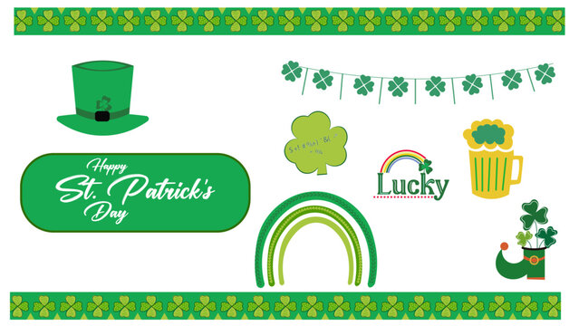 Saint Patrick&rsquo;s Day Background with Leprechaun Hat, Shamrock, Rainbow and Pot of Gold &ndash; Lucky Irish Festival Celebration Banner Design