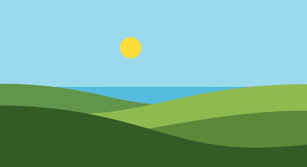 Serene landscape with rolling hills and calm sea under bright sunny sky in soft pastel colors for travel brochure