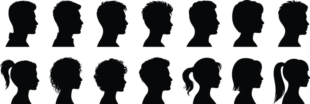 Collection of diverse male and female head silhouettes in profile on white background faces people