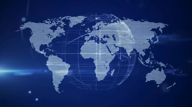 World map with digital grids and lines showing connection across continents and countries in a technology-themed display