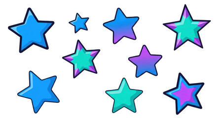 Obraz premium Collection of vibrant gradient stars in blue, purple, and teal, with dark outlines, scattered on transparent background, celestial, shining, party, celebration, decorative elements