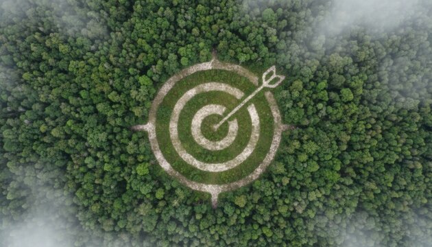 Sustainability strategy concept. Perfect circular forest clearing shaped as target with centered arrow, representing focus precision environmental planning and measurable impact.
