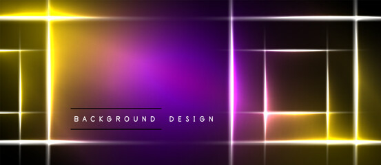Fototapeta premium Abstract neon lights create vibrant rectangular patterns. Gradient purple, orange, yellow illuminate dark background. Modern design element.